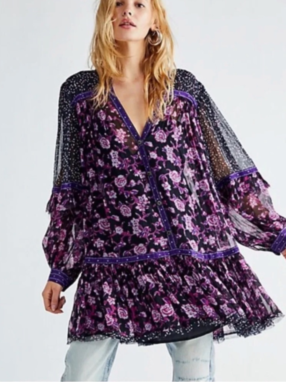 Free People Like New Black and Purple Floral Tiered Peasant Top